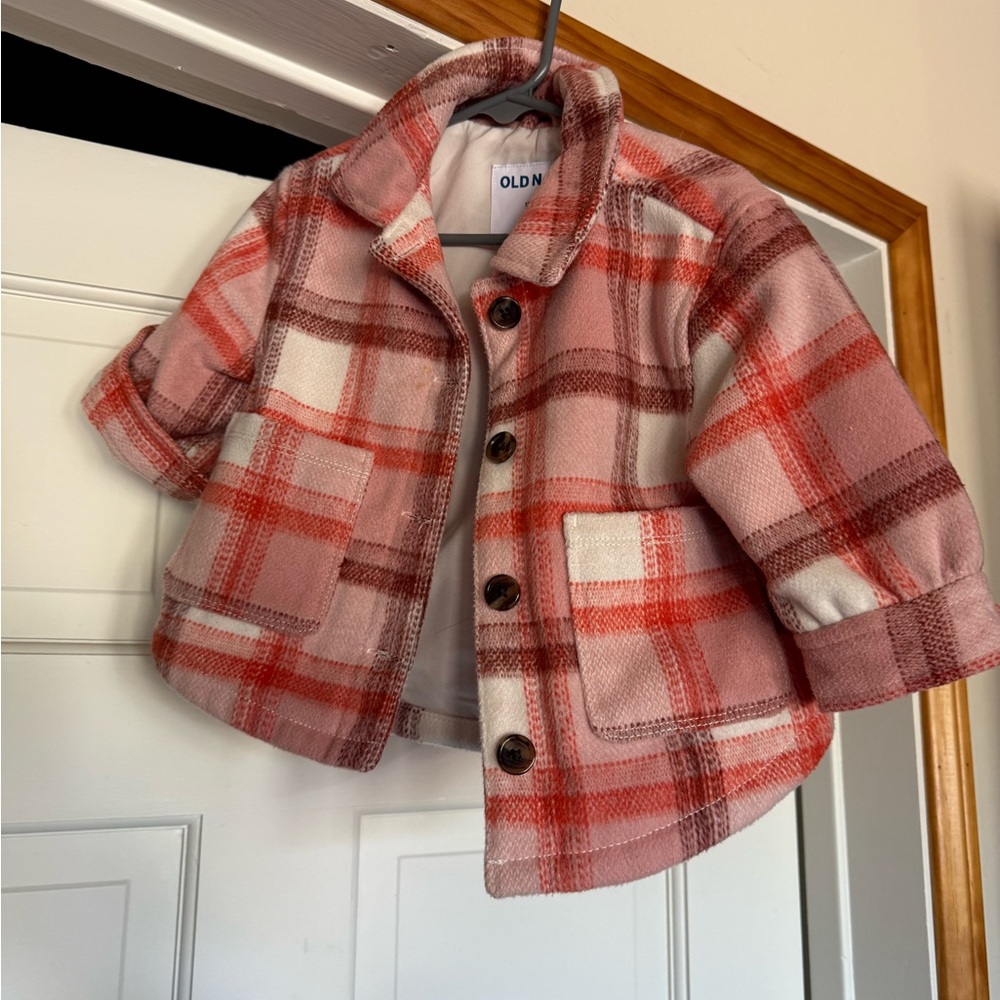Old Navy Kids Plaid Pea Coat - Pink and Red